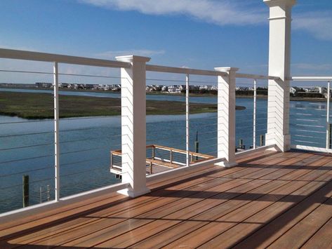 Coastal Deck, Cable Railing Deck, Custom Awnings, Patio Railing, Deck Railing Design, Railings Outdoor, Patio Deck Designs, Exterior Stairs, Deck Designs Backyard