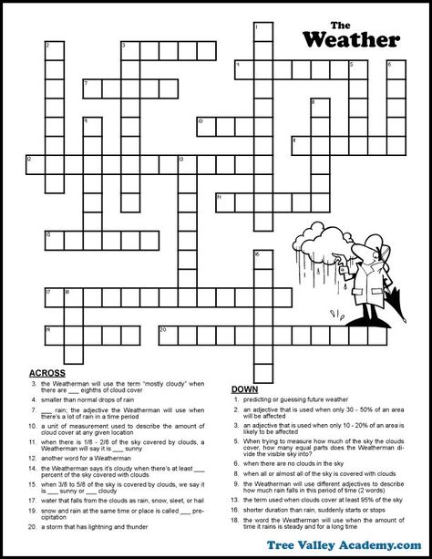 Weather forecast crossword puzzle for students around grades 5-6 or older.  A free kids glossary will teach kids weather vocabulary and they can practice their knowledge with the crossword puzzle.  This worksheet focuses on the weather forecast terms describing the clouds, sun or rain. Free printable pdf includes answer key.  #weather #crosswordpuzzle #forecasting #weatherunit #grade6 #homeschooling Learning Weather, Weather Crossword, Crossword Puzzles Printable, Kids Crossword Puzzles, Free Printable Crossword Puzzles, Word Puzzles For Kids, Puzzles Printable, Puzzle Graphic, Printable Crossword Puzzles