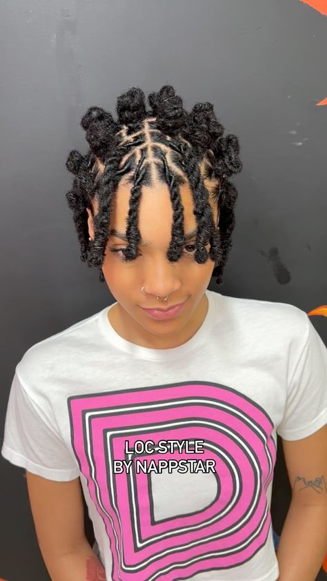 Easy Dread Styles Women, Cool Locs Hairstyles, Lil Girl Loc Styles, Loc Bob With Bangs, Birthday Loc Styles For Women, Shoulder Length Loc Styles, Short Loc Bob, Loc Crown Style, Cornrows On Locs