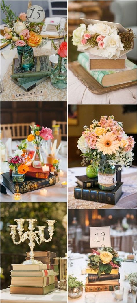 Centerpieces With Books, Vintage Wedding Centerpieces Pearls, Vintage Book Centerpiece, Book Wedding Centerpieces, Bohemian Centerpieces, Wedding Centerpiece Ideas, Vintage Wedding Centerpieces, Vintage Birdcage, Book Centerpieces