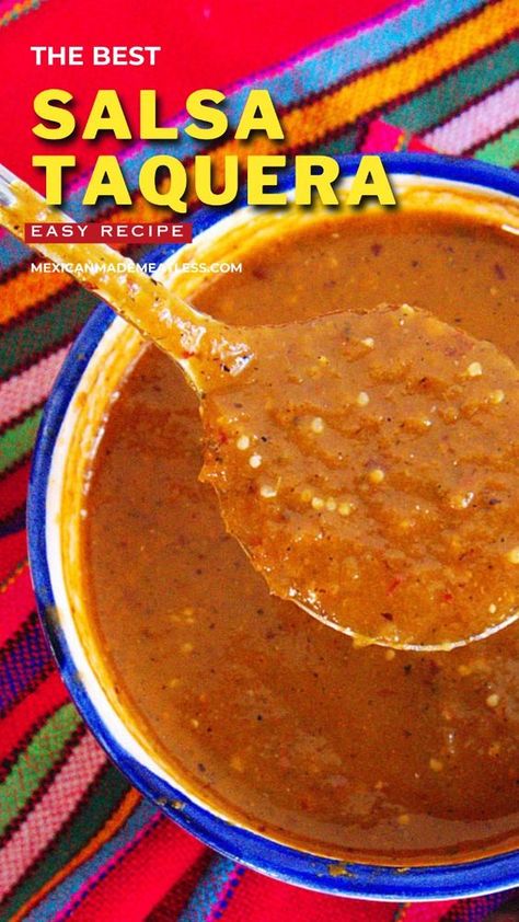 Do you ever wish your favorite taco shops would give you their secret salsa taquera recipe? Wish no more because with my easy recipe you’ll always have a delicious and spicy taco salsa. Mexican Tacos With Dipping Sauce, Easy Spicy Salsa Recipe, Mexican Hot Sauce For Tacos, Spicy Mexican Sauce For Tacos, Mexican Red Sauce For Tacos, Authentic Salsa Roja, Home Made Taco Sauce, Salsa Authentic Mexican, Salsa For Tacos Mexican