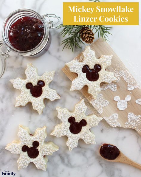 Disney Christmas Desserts, Mickey Snowflake, Disney Baking, Disney Inspired Food, Mickey Mouse Cookies, Disney Desserts, Linzer Cookies, Disney Treats, Disney Snacks