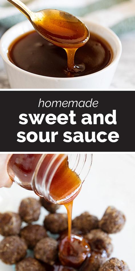 Skip the jarred version, and make it at home! This Sweet and Sour Sauce is so easy, and you probably have all of the ingredients on hand already! Homemade Sweet And Sour Sauce, Sweet N Sour Sauce Recipe, Sweet And Sour Sauces, Sweet And Sour Meatballs, Homemade Sauce Recipes, Pantry Ingredients, Sweet N Sour Chicken, Photo Food, Sweet And Sour Sauce