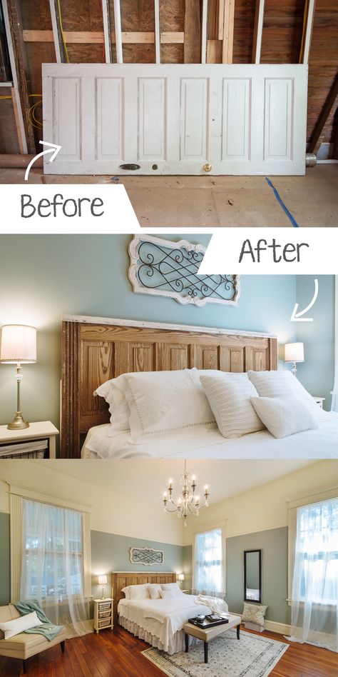 DIY Ideas for the Home! Turning an old door into a headboard! #DIY #Headboard #HouseDecor Homemade Headboards Diy, Door Headboard Diy, Creative Headboards, Headboards Diy, Window Headboard, Headboards Ideas, Bedroom Headboards, Homemade Headboards, Door Headboards