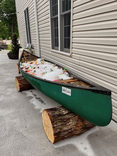 Canoe Filled With Drinks, Wedding Canoe Drinks, Floating Dock Wedding, Canoe Ice Cooler Wedding, Canoe Display Ideas, Beer Canoe For Wedding, Canoe Water Feature, Canoe Bar Wedding, Canoe Drink Station