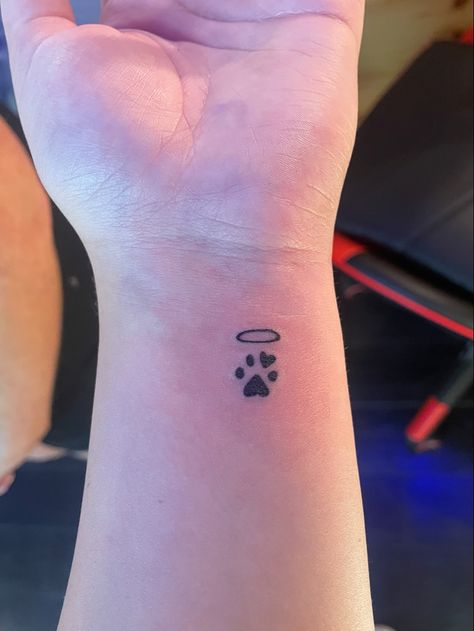 Meaning Fill Tattoos, Paw Print Stick And Poke Tattoo, Passed Animal Tattoos, Paw Print Halo Tattoo, Dog Dedication Tattoo, Tattoo For Dead Dog, Tattoos For Dead Dogs, Dead Pet Tattoo, Small Dog Memorial Tattoo