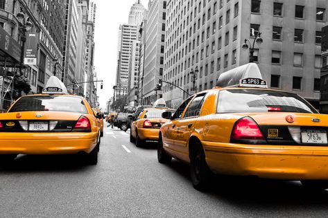 Yellow Taxi. Taxi on the Street of New York in black and white with yellow cabs, , #AD, #black, #white, #yellow, #York, #Yellow #ad Taxi Photography, White Taxi, New York Taxi, Yellow Taxi, Yellow Cabs, Black White Yellow, Landscape Background, New York Street, Manhattan