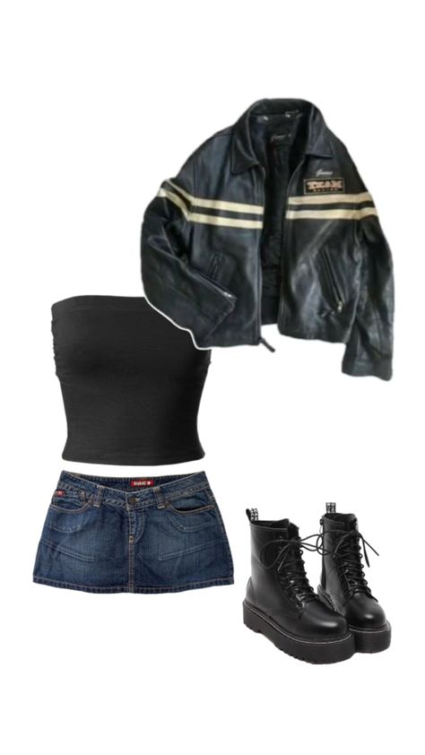 Leather jacket, combat boots, tube top, miniskirt denim styling Denim Styling, Leather Miniskirt, Cute Outfit Ideas, Pieces Of Clothing, Cute Outfit, Tube Top, Combat Boots, Outfit Ideas, Leather Jacket