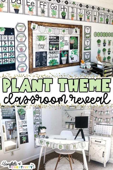 Be inspired to fill your classroom with all things succulents, cacti and tranquility with my plant themed classroom decor reveal! The cohesiveness of the bundle will truly put your mind at ease, from the beautiful succulent calendar to the motivational posters filled with love, everything blooms to perfection. Check it out here! #plantclassroom #classroomdecor #classroomreveal #classroominspiration Plant Decor Classroom Ideas, Succulent Classroom Decor Ideas, Green Classroom Decor Theme, Succulents Classroom Decor, Plant Themed Classroom Ideas, Grow Theme Classroom, Relaxing Classroom Theme, Plant Theme Bulletin Board, Growth Classroom Theme