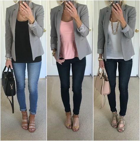 Three Ways to Wear a Gray Blazer Grey Blazer Outfit Women, Gray Blazer Outfit Women, Grey Blazer Outfit, Blazer Outfits Casual, Blazer Outfits For Women, Office Casual Outfit, Gray Blazer, Blazer Outfit, Office Fashion Women