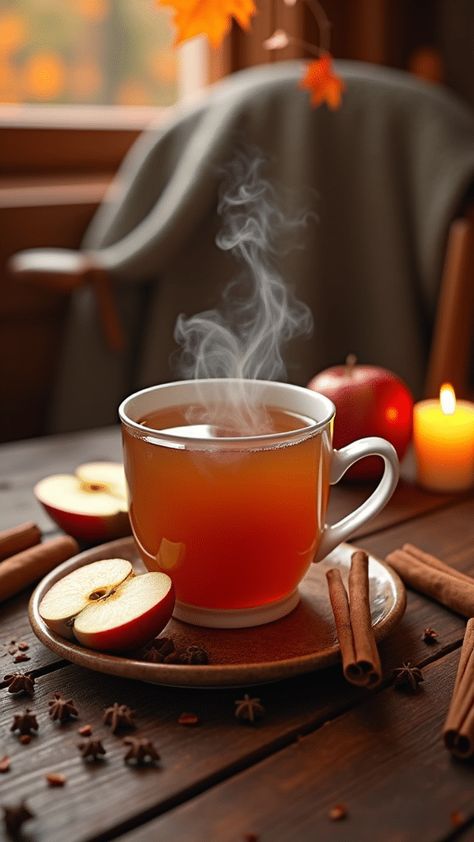 Spiced Apple Cider Tea with Cinnamon Sticks Apple Spice Tea Recipe, Fall Tea Blends, Apple Cider Aesthetic, Hot Tea Aesthetic, Tea Time Photography, Apple Cinnamon Tea Recipe, Apple Cider Tea, Spiced Tea Recipe, Apple Cinnamon Tea