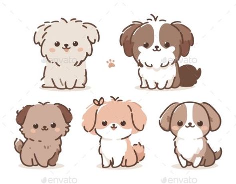 Five Cute Cartoon Dogs in Various Poses Cartoon Dog Drawing, Dogs Cartoon, Icon Character, Cute Dog Cartoon, Cute Dog Drawing, Different Expressions, Dog Pack, Card Sketches Templates, Cartoon Dogs