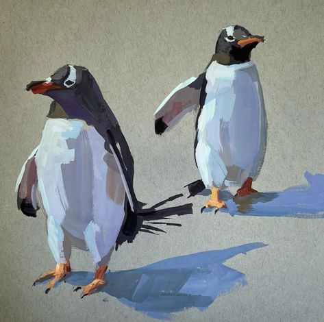 Penguin Oil Painting, Penguin Painting Acrylic Easy, Wall With Art, Penguin Painting, Conga Line, Penguin Drawing, Penguin Art, One Of Those Days, Toned Paper