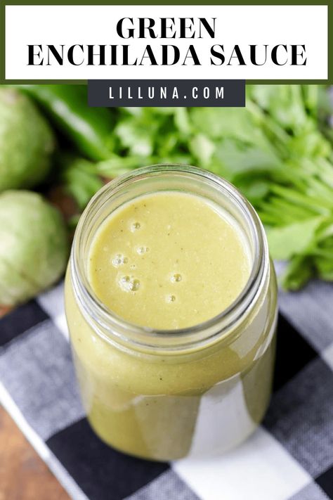 Vibrant homemade green enchilada sauce has a hint of spice and plenty of fresh cilantro flavor for all your favorite Mexican recipes. #greenenchiladasauce #enchiladasauce #homemadeenchiladasauce Enchilada Sauce Green, Homemade Green Enchilada Sauce, Mexican Sauces, Green Chili Enchiladas, Green Chile Enchilada Sauce, Cheesy Enchiladas, Mexican Sauce, Recipes With Enchilada Sauce, Cilantro Chicken