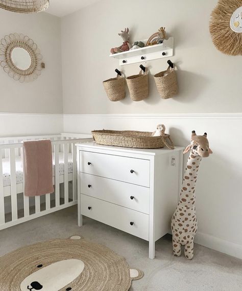 Beige Furniture Baby Room, Wall Hooks Nursery, Beige Safari Nursery, Nursery Beige And White, Sage Green Nursery With White Crib, Beige Wall Nursery, Cream And White Nursery, White And Beige Nursery, Cream Nursery Ideas