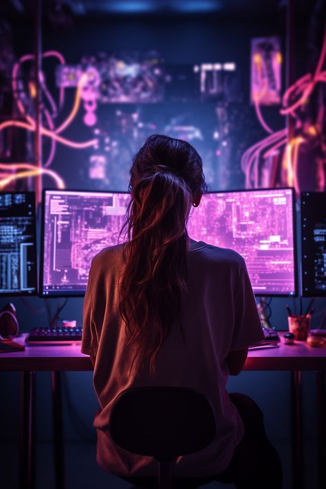 Women In Cybersecurity Aesthetic, Girls Who Code Aesthetic, Hacker Aesthetic Girl, Engineering Girl Aesthetic, Computer Girl Aesthetic, Hacker Girl Aesthetic, Programmer Girl Aesthetic, Coding Programming Aesthetic, Computer Cyberpunk