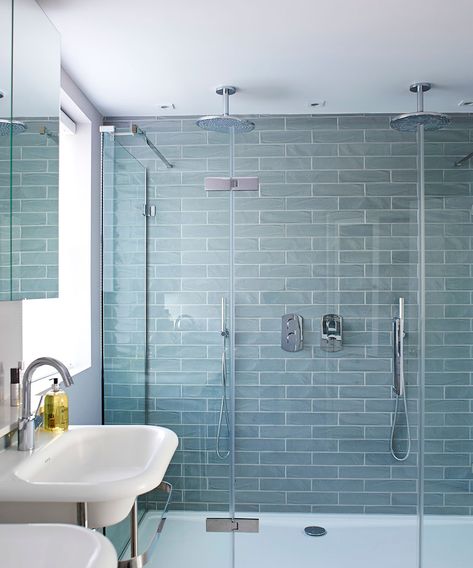 An elegant and charming Victorian terrace | Homes & Gardens Metro Tiles Bathroom, Tile Bathroom Ideas, Shower Room Ideas, Glass Tile Bathroom, Aqua Bathroom, Wood Tile Bathroom, Blue Subway Tile, Bathroom Decor Inspiration, Blue Bathroom Tile