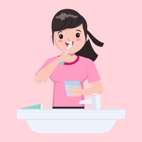 Illustration of cartoon cute girl brushi... | Free Vector #Freepik #freevector #girl #character #brush #kid Brush Teeth Cartoon, Girl Brushing Teeth, Mouth Hygiene, Teeth Illustration, Dental Clinic Logo, Tooth Cartoon, Brush Teeth, Cute Tooth, Girl Character