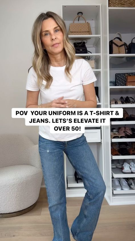 Let’s elevate a T-Shirt and Jeans Uniform that we all have and wear! Comment Links to shop! 👉🏻Send this to someone you think might like i… | Instagram Jeans And A Tee Shirt Outfit, Fitted White Shirt Outfit Women, How To Accessorize Jeans And Tshirt, Tshirt And Jeans Work Outfit, Dressy Tee Shirt Outfit, White Tee Work Outfit, Chic Tshirt And Jeans Outfit, Straight Jeans And T Shirt Outfit, White Tshirt And Jeans Outfit Classy