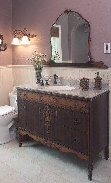 25 Unique Bathroom Vanities Made From Furniture - Life on Kaydeross Creek Vintage Farmhouse Bathroom, Makeover Kamar Mandi, Unique Bathroom Vanity, Diy Bathroom Vanity, Dresser Vanity, Victorian Bathroom, Bad Inspiration, Shabby Chic Bathroom, Diy Dresser