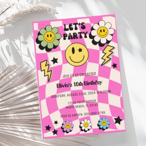 Preppy Hot Pink Y2K Happy Face Retro Birthday Preppy Birthday Invites, Preppy Birthday Party Invitations, Preppy 10th Birthday Party, Preppy Themed Birthday Party, Preppy Birthday Invitations, Preppy Sage Green, Preppy Birthday Party, Threenager Party, Bold Website