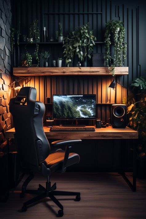 Office Nature, Workspace Ideas, Modern Home Offices, Home Studio Setup, Gaming Office, Black Office, Computer Room, Gaming Room Setup, Studio Room