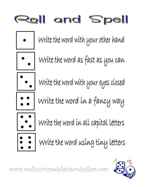 Roll and Spell spelling game-i like this but will change the tasks for each number for older grades Spelling Games 2nd Grade, Spelling Review Games, Spelling Games 3rd Grade, Spelling Word Games, Spelling Dictionary, Spelling Word Activities, Spelling Ideas, Spelling Word Practice, Word Work Games