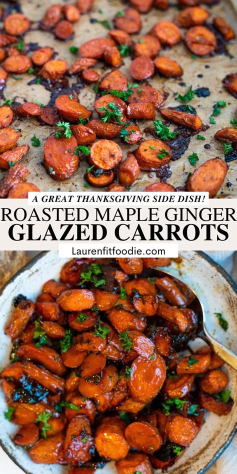 Perfectly sweet and and delicious these Maple Ginger Glazed Carrots will add a beautiful pop of color to your dinner table! They couldn’t be easier to come together and make a great side dish to just about anything! Ginger Glazed Carrots Recipe, Thanksgiving Carrot Recipe, Ginger Glazed Carrots, Carrots Oven, Carrots In Oven, Ginger Carrots, Carrot Recipes Side Dishes, Maple Roasted Carrots, Glazed Carrots Recipe