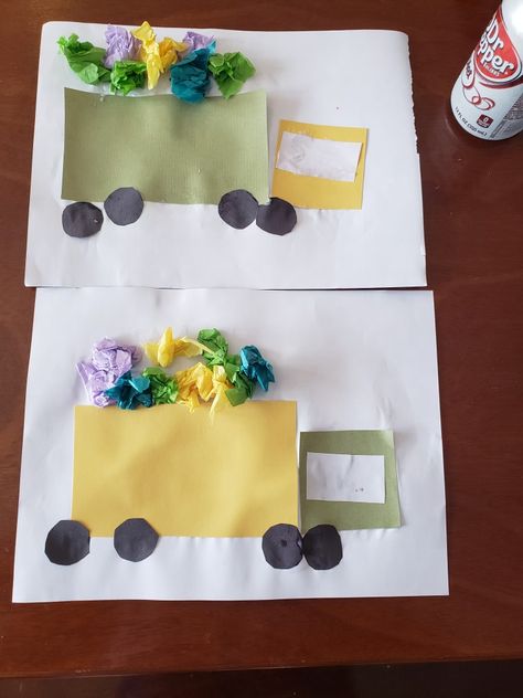 Shape Garbage Truck Craft, Toddler Recycling Crafts, Recycled Truck Craft, Recycling Activity For Preschoolers, Pre K Recycle Activities, Occupations Kindergarten Activities, Garbage Crafts For Preschool, Recycling Lessons Preschool, Trash Vs Recycling Preschool