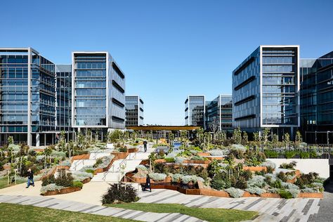 A sustainable business park designed for employee wellbeing | Architecture & Design Park Design Architecture, Outdoor Meeting Space, Lakeside View, Park Design, Park Landscape, Public Realm, Industrial Park, Architecture Concept Drawings, Renewable Sources Of Energy