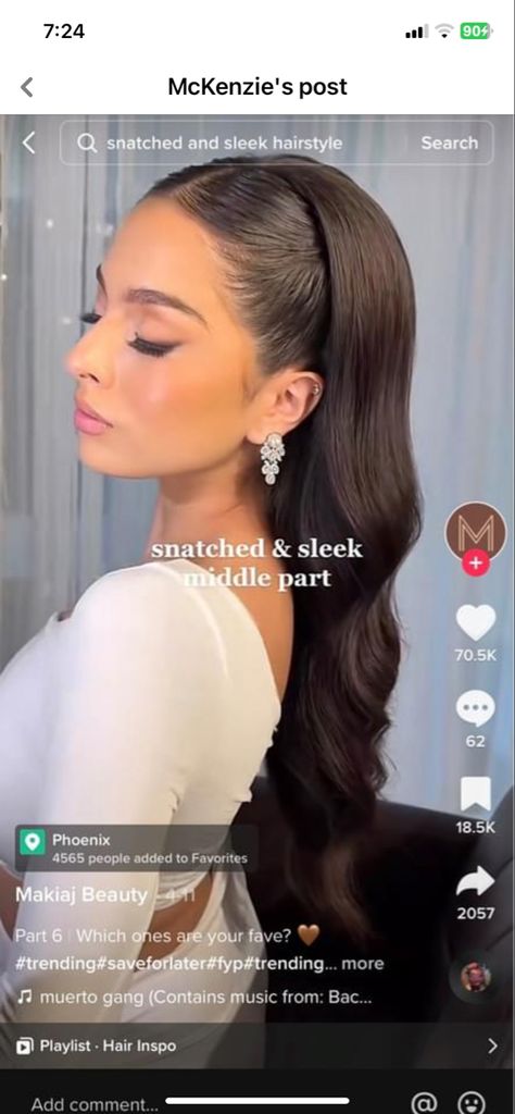 Sleek Retro Hair, Half Up Half Down Hair Parted In Middle, Glam Curls Middle Part, Middle Parting Half Up Half Down, Sleek Half Up Half Down Hair Bridal, Sleeked Back Curly Hair, Sleek Back Half Up Half Down Hair, Snatched And Sleek Middle Part, Sleek Wedding Hair Half Up