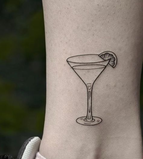 Cosmopolitan Drink Tattoo, Lemon Drop Martini Tattoo, Drinks Tattoo Ideas, Fine Line Martini Glass Tattoo, Drink Tattoo Cocktails, Margarita Tattoo Drinks, Margarita Glass Tattoo, Cosmopolitan Tattoo, Cocktail Glass Tattoo