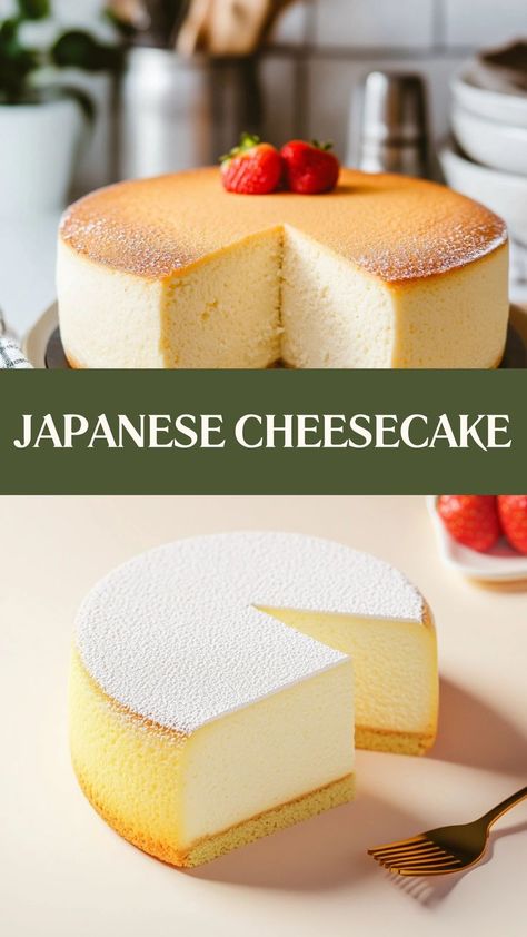 Light, airy, and simply divine—Japanese Cheesecake is the fluffy dessert of your dreams! Its melt-in-your-mouth texture and delicate sweetness will have you hooked with every bite. 🍰✨ #JapaneseCheesecake #FluffyDessert #MeltInYourMouth #CheesecakePerfection #LightAndDelicious #DessertGoals #SweetDelight #CheesecakeHeaven #DelicateSweets #BakingMagic 🍰✨ Easy Japanese Cheesecake, Light Fluffy Cheesecake Recipes, Japanese Jiggly Cake, Asian Deserts Recipe, Jiggly Cheesecake Recipe, Loaf Cheesecake, Japanese Cotton Cheesecake Recipe, Dense Cheesecake, Cute Cheesecake