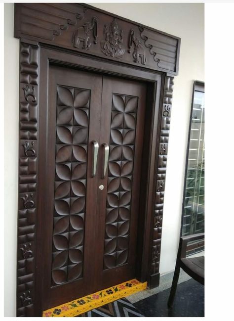 Main Door With Window Design, Wooden Main Door Design Double, Kitchen Backdoor, Teak Wood Main Door Design, Wooden Double Front Doors, Indian Main Door Designs, Main Door Design Photos, Teak Doors, Warna Dark