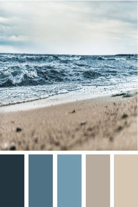 Design Seeds Color Palette Blue, Stormy Ocean Color Palette, Blue Brown Moodboard, Relaxing Blue Color Palette, Neutrals And Blue Color Palette, Beachy Color Palette Coastal Style, Ocean Color Scheme, Color Palette For Bathroom, Blue Neutral Color Palette