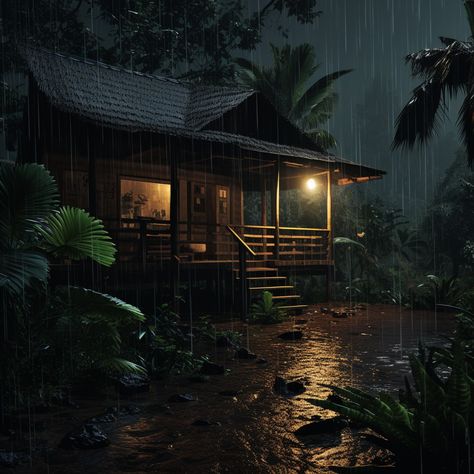 retro pulp image of a Rain falls heavily against the wooden hut at dusk. Its constant sound drowns out all other surrounding noise. 1930s in the jungle. non realistic, 4k, hi-res Home In Jungle, Rain Jungle, Hut Aesthetic, Explorer Aesthetic, Aesthetics 2023, Jungle Hut, Cabin Room, Cabin Porch, Edits Videos