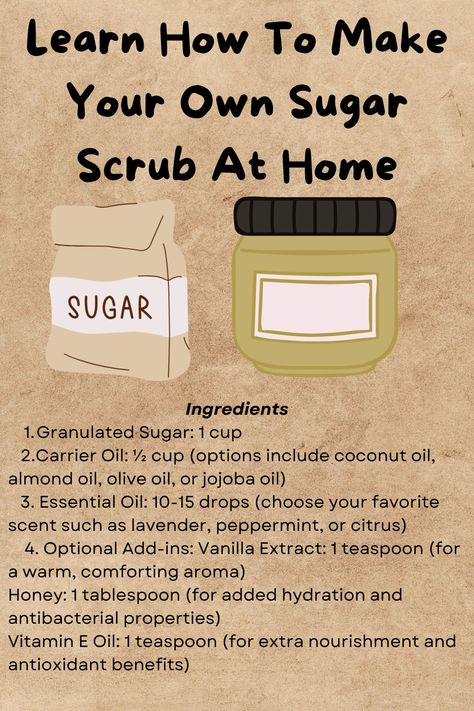 Here are the ingredients to make your own sugar scrub at home. For instructions, click Read It ♡ Diy Hygiene Products, Body Scrub Diy Recipes, Diy Sugar Scrub Recipe Easy, How To Make Body Scrub, Making Sugar Scrub, Whipped Sugar Scrub Recipe, Easy Sugar Scrub Recipe, Make Your Own Sugar Scrub, Body Scrub At Home