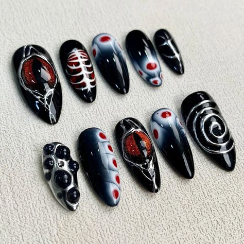 Custom Red Eyes Press On Nails, Gothic Punk Rock Skeleton Nails, Goth Skeleton Nails, Black Fake Nails, Rock Skeleton, Nails Gothic, Nails Goth, Long Almond, Punk Nails, Gothic Nails, Goth Nails