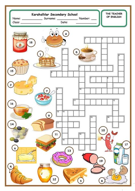 Food Crossword, Kids Crossword Puzzles, Puzzle Food, English Teaching Resources, Activity Sheets For Kids, English Games, English Worksheets For Kids, Learn English Grammar, Crossword Puzzles