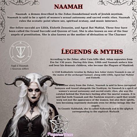 Did you know that Naamah is a seductive female demon in Jewish and Christian mythology? Some say she's a fallen angel, others believe she was one of Adam's wives. Her name comes from the Hebrew word 'na'amah', meaning 'pleasing' or 'pleasant'. But remember, mythological beliefs vary across religions and cultures. #Naamah #Mythology #jewishmythology #christianmythology #séduction #fallenangel #adamandeve #instagood #instadaily #instalike #paganartisan Demon Names And Meanings, Female Demon Names, Paimon Demon, Fallen Angel Names, Dark Mythology, Jewish Mythology, Mythology Monsters, Female Angels, Dark Goddesses