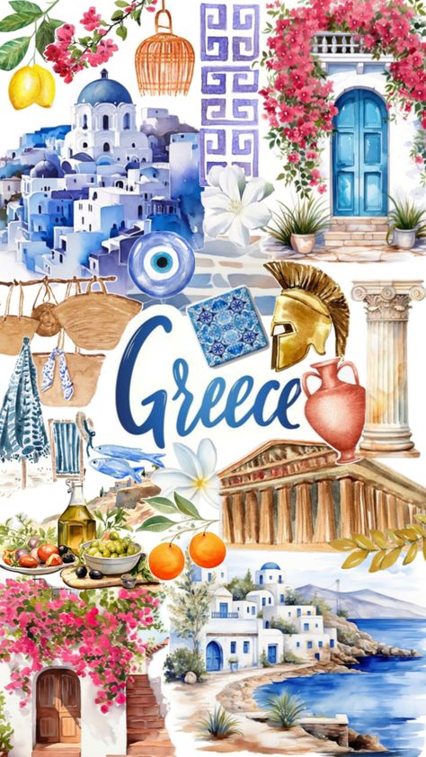 Greece. Mykonos. Santorini. Athens. Lemons. Oranges. Olive oil. Greek door. Blue and white. Goddess. Beach. Greece Collage, Greece Wallpaper, Athens Travel, Greece Mykonos, Travel Collage, Wallpaper Collage, Mykonos Greece, Santorini Greece, Athens Greece