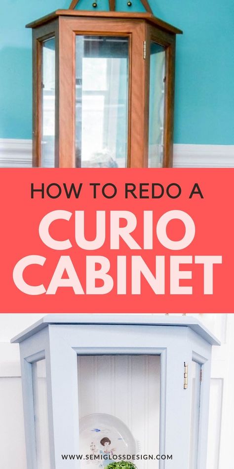 Got an old curio cabinet that needs a makeover? Learn how I updated this old display cabinet with paint and wallpaper. How To Paint A Curio Cabinet, Diy Curio Cabinet Makeover, Painting Curio Cabinet Ideas, Redo Curio Cabinet Ideas, Refurbished Curio Cabinet, Repurpose Curio Cabinet Ideas, Repurposed Curio Cabinet Ideas, Corner Curio Cabinet Makeover, Painted Curio Cabinet Ideas