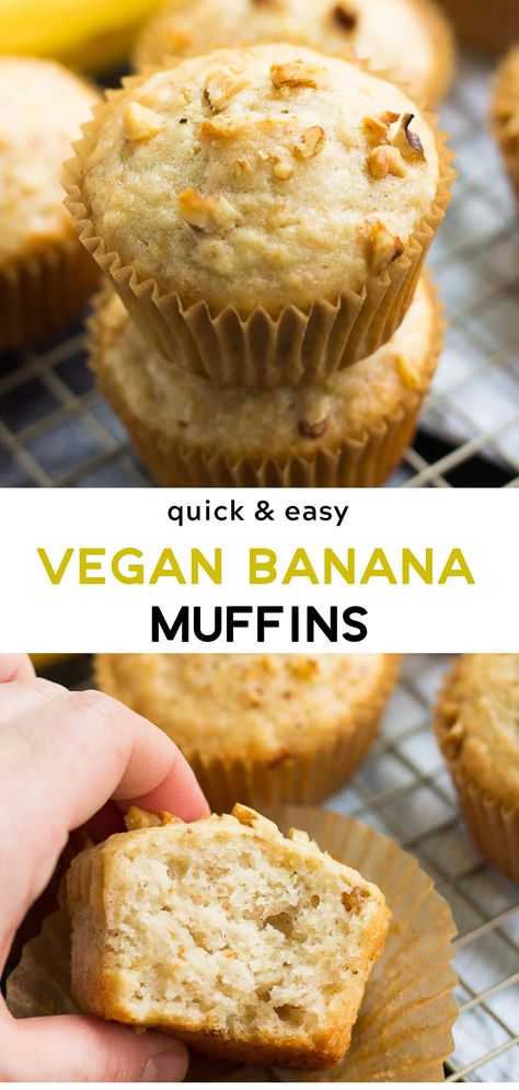 Quick & Easy Vegan Banana Muffins, made in just 1 bowl! SO fluffy and moist. #vegan #plantbased Easy Breakfast Ideas Vegan, Vegan Banana Recipes Easy, Vegan Muffins Easy, Vegan Muffins Recipes, Healthy Vegan Breakfast Muffins, Healthy Vegan Muffins, Healthy Banana Muffins No Egg, Easy Vegan Muffins Healthy, Vegan Banana Recipes