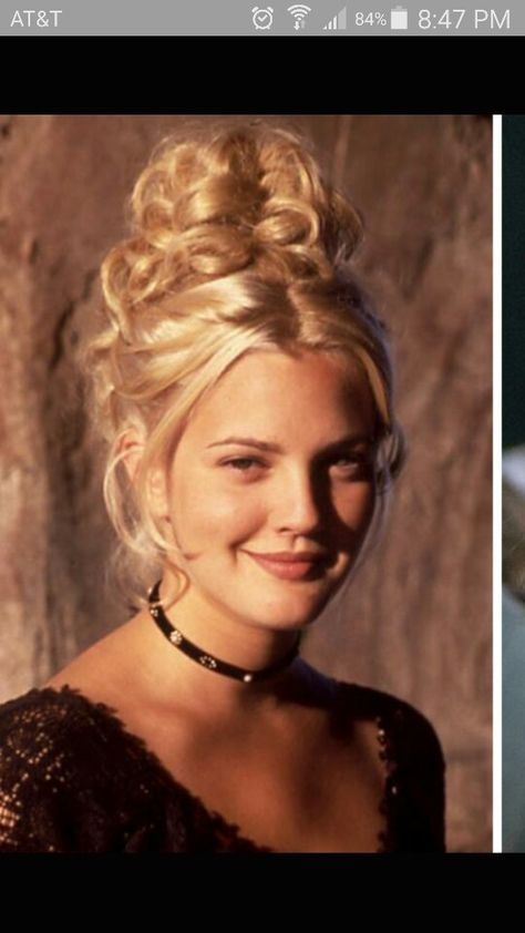 Black Ribbon Choker, 90s Choker, Ribbon Choker, 90s Hairstyles, Drew Barrymore, Party Hairstyles, 90s Kids, Work Looks, Black Ribbon