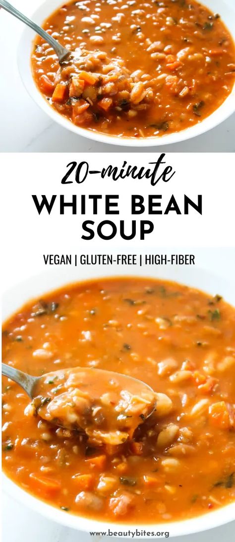 20-Minute Bean Soup - Cozy and Warming Vegan Recipe - Beauty Bites Healthy Bean Soup Recipes, Healthy Bean Soup, Vegan Bean Soup, High Fiber Dinner, Inflammatory Meals, Soup Cozy, Easy Healthy Soup, Vegan Bean, Easy Vegan Soup