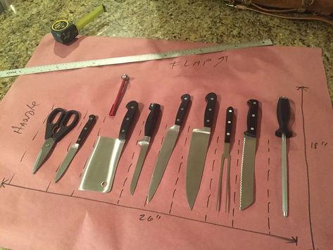 Leather Chef's Knife Roll: 9 Steps (with Pictures) Knives Storage, Chef Bag, Chef Knife Bags, Leather Tool Roll, Leather Glue, Knife Bag, Knife Roll, Tool Roll, Knife Storage