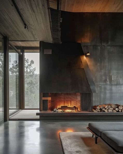 midjourney architect | blackened steel fireplace concepts #imagine #midjourneyarchitect #midjourneydesign #midjourney #aiarchitecture… | Instagram Modern Industrial Fireplace, Blackened Steel Fireplace, Industrial Fireplace, Australian Country Houses, Woods House, Redmond Washington, Steel Fireplace, Australian Country, Chalet Design