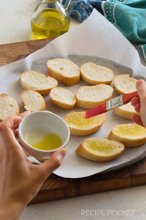 How to Make Baguette Crostini | Recipe Pocket Sliced Baguette Recipes, Baguette Recipe Appetizers, Baguette Crostini, Homemade Baguette, How To Make Crostini, French Baguette Recipe, Crostini Toppings, Crostini Recipe, Bread Dipping Oil