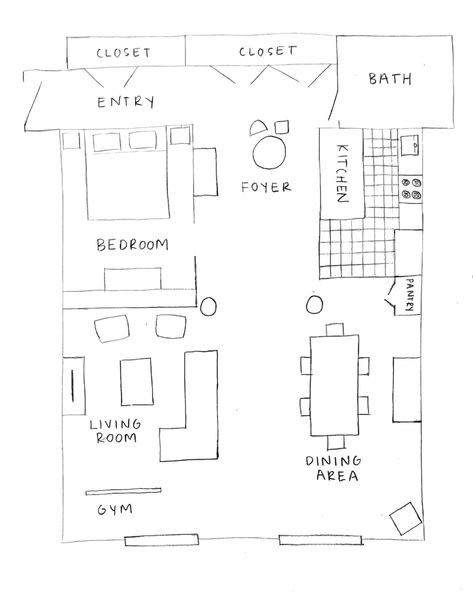 Small NYC Rental Apartment With Open Plan Layout | Apartment Therapy House Layouts One Floor, Small One Bedroom House, Preppy Bloxburg House, Bloxburg Small House Layouts, Bloxburg Apartment Layout, Preppy Bloxburg, Small Cabin House Plans, Small Cabin House, Open Plan Layout