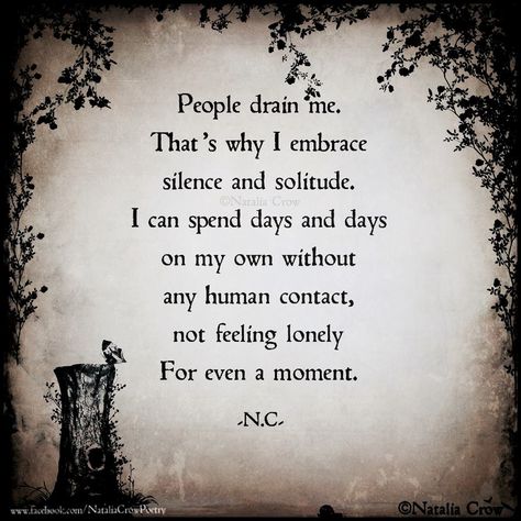 "People drain me. That's why I embrace silence and solitude. I can spend days and days on my own without any human contact, not feeling lonely For even a moment." -Natalia Crow. Wrong People, Introvert Quotes, Tell A Story, Introverted, A Poem, Empath, Infp, Infj, Me When